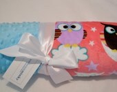 Monogrammed Minky Baby Blanket - Owls - Bright Coral Pink, Lavender, White and Turquoise - Personalized