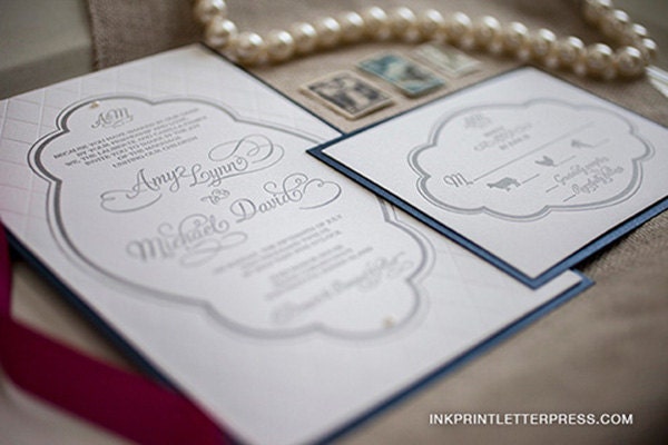 Classic Letterpress Wedding Invitation - Quilted Pattern