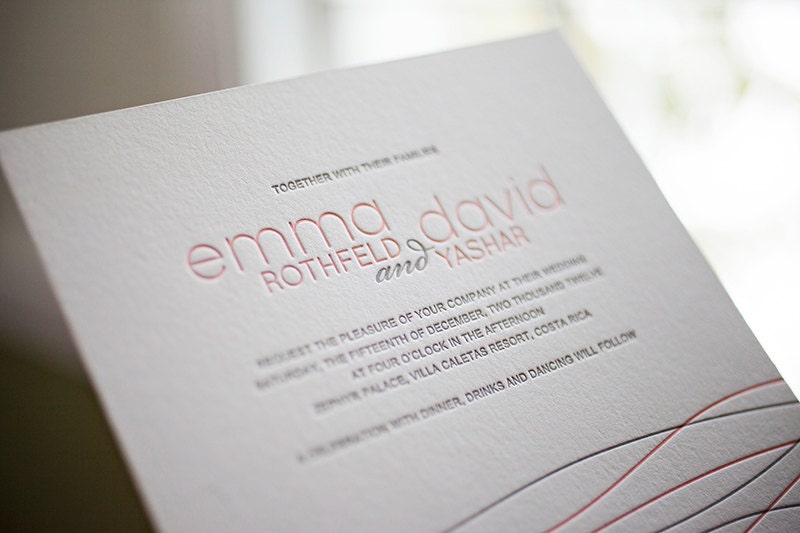 Teal and Coral Beach Letterpress Wedding Invitation