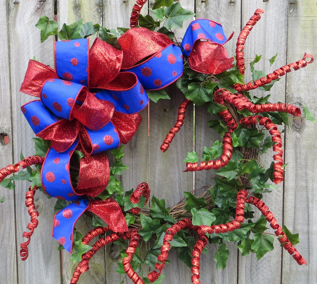 Fourth of July Wreath - Fun July 4th Wreath - Red and Blue Wreath with Polka Dot Bow