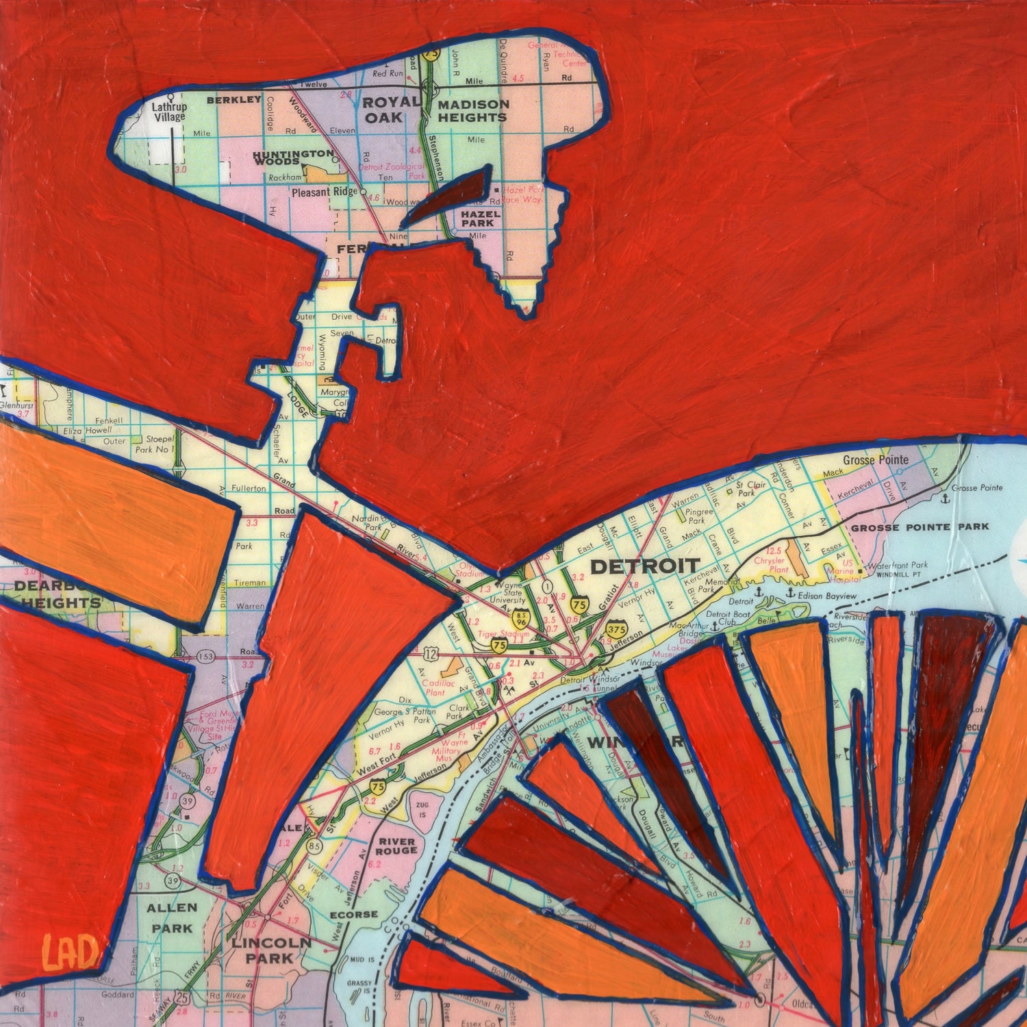 Bike Detroit, Michigan-print of map painting with bike