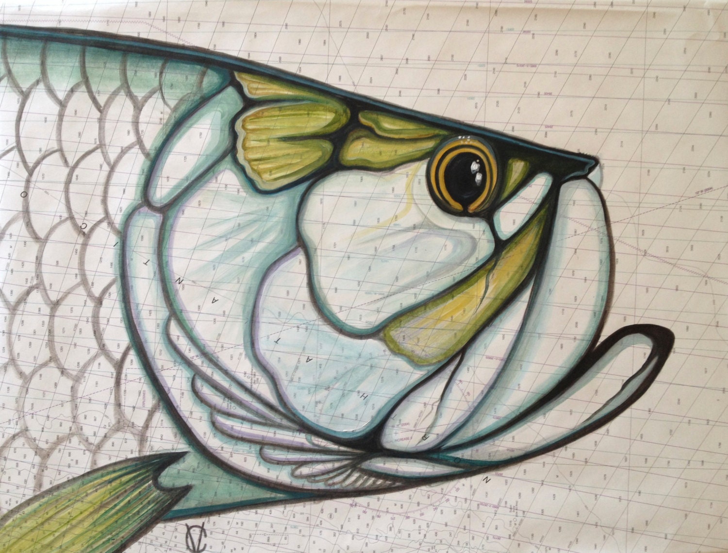 Tarpon painting on nautical chart by Carin Vaughn