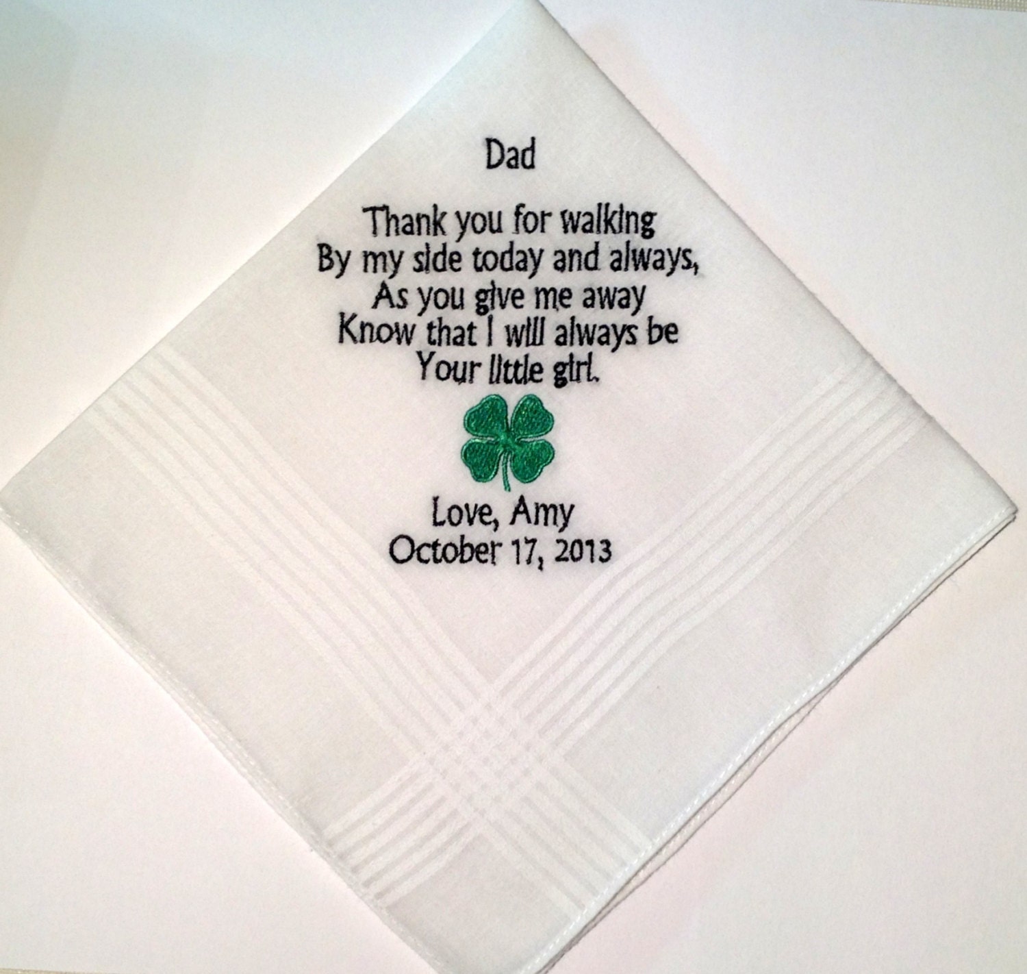 Wedding Handkerchief Father of the Bride Personalized 4 Leaf CLOVER Embroidered Accent Hanky