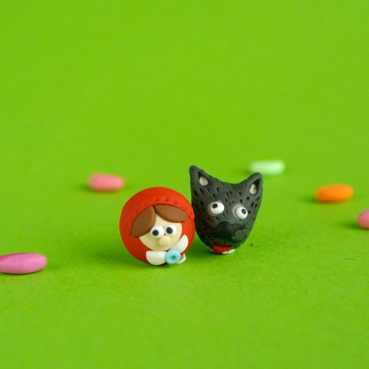 Riding hood and wolf post earrings - whimsical fairy tale jewellery