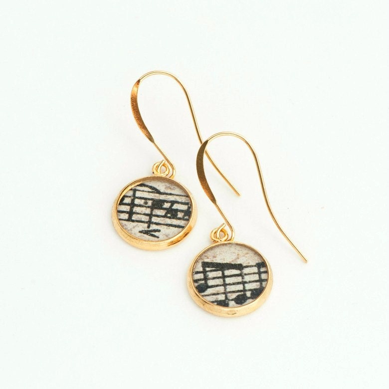 Musical Sheet Jewelry, Drop Dangle Earrings in Gold , Beige Notes Earrings, Round Musical Earrings