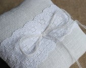 White Burlap Ring Bearer Pillow/Cushion with  Broderie Anglaise White Lace Trim W1 - WeddingLab