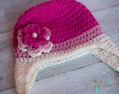 Pink Ombre color Crochet Beanie with crochet Flower   6-12 months Size ready to Ship