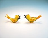 Vintage Miniature Glass Animals Love Birds Pair Amber Orange Black Blown Glass