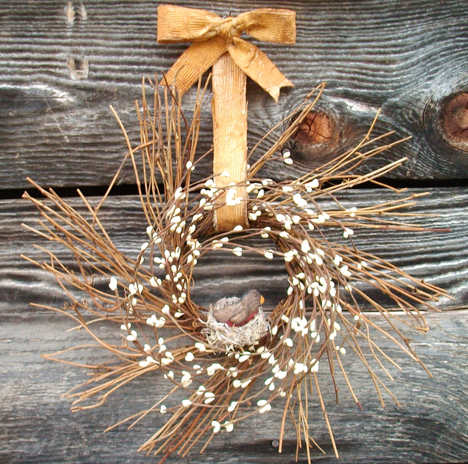 Rustic Twig Wreath - Cream, Vanilla Pip Berries, Birds Nest, Vintage Fabric Bow - For Spring or Summer