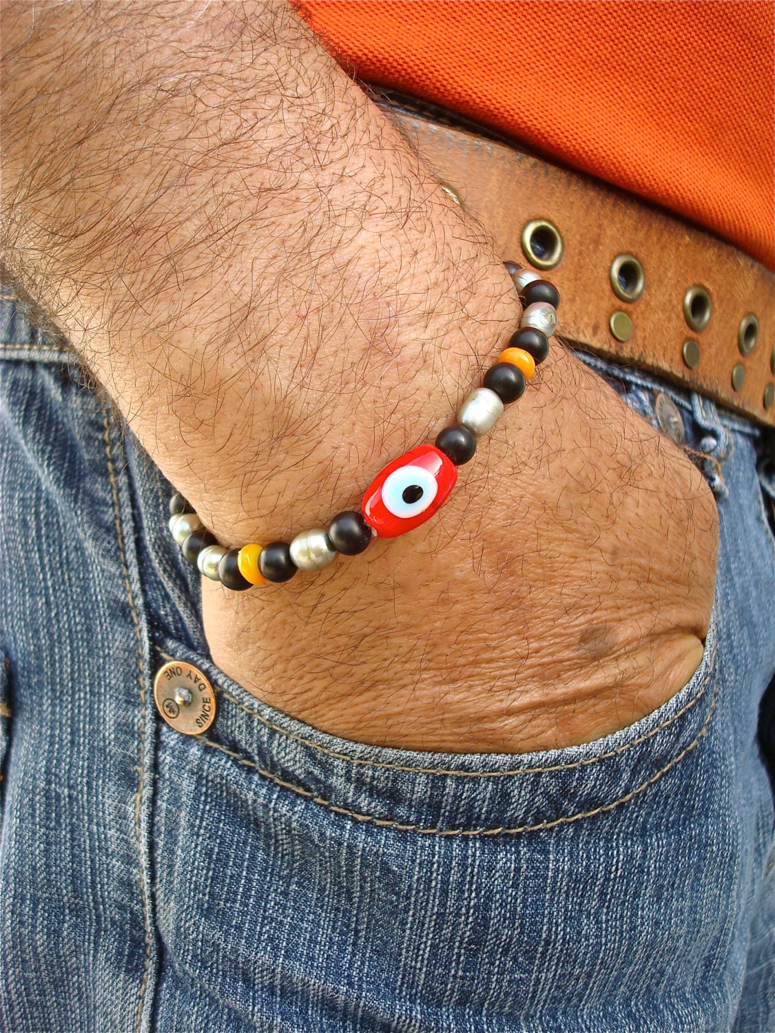 Men's Spiritual Evil Eye Protection Bracelet with Nazar Boncugu, Czech and Jet Glass, Silver Fresh Water Pearls