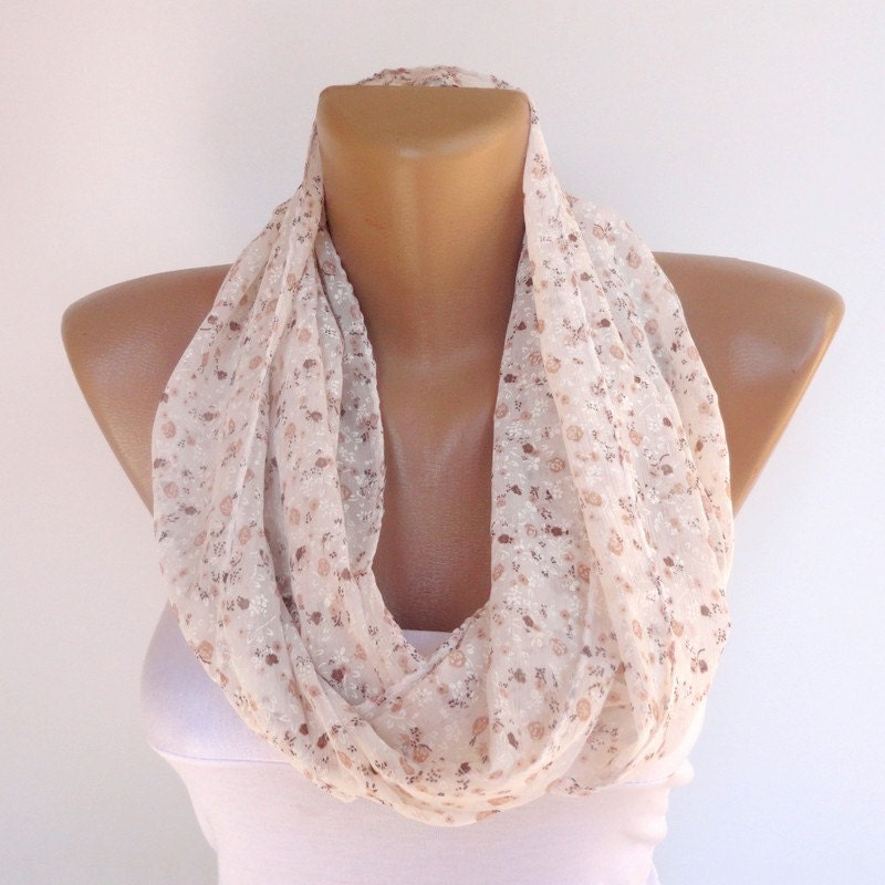 floral print ivory brown beige infinity scarf , loop scarf , cute eternity scarf , perfect for spring summer seasons , chiffon fabric scarf