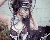 Bustier Black & White Lace, Rabbit Fur, Fish net, with Various Silver Studs and Antique Skeleton Keys