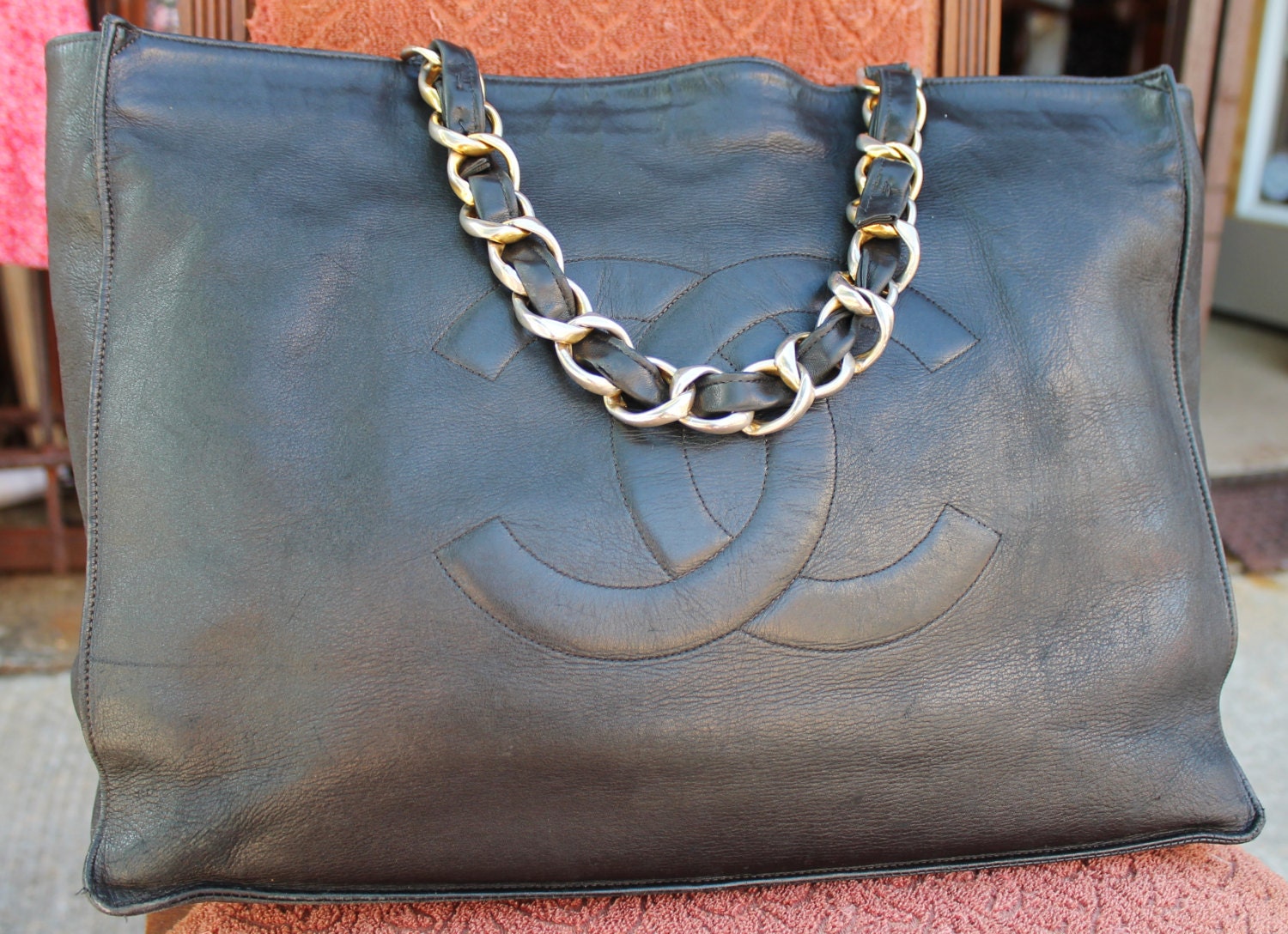 Guaranteed Authentic Chanel Large Black Leather Tote Gold Hardware With Black Interior