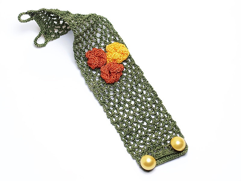 Crochet Bohemian Chic Cuff Bracelet in Yellow, Green, Burnt Orange Hippie Boho Gypsy Style Jewelry Circle Flower Lace