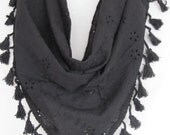Triangle Tasselled Black Embroidered Cotton Elegance Scarf, Gift