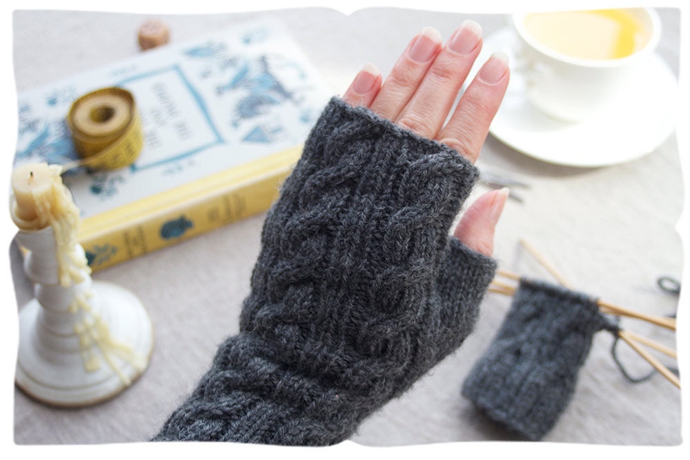 handwarmer video tutorial kit, learn to knit cabled fingerless gloves. long, elegant grey glove, available in spring colours. old school.