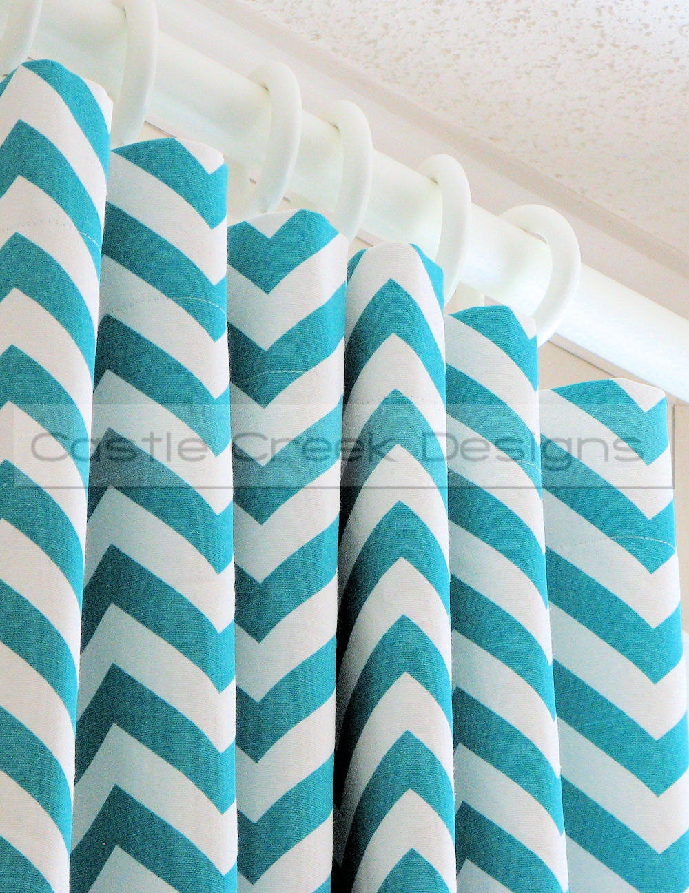 Designer Curtains - Pair of Decorative Designer Custom Curtains Drapes  50 x 96 Turquiose and White Chevron Zig Zag