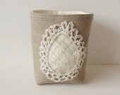 Easter Basket Vintage Egg Doily - Linen Burlap Bin - Rustic Easter Basket - OOAK