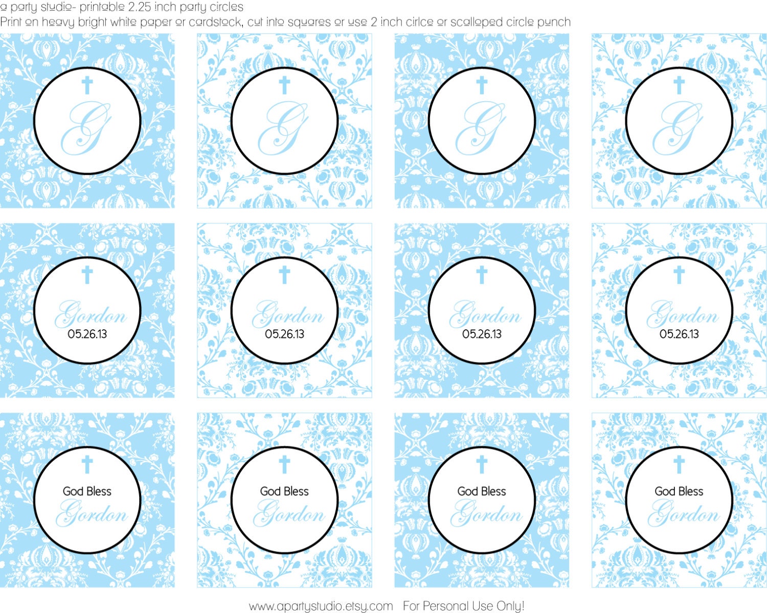 Blue Damask Baptism- personalized cupcake topper- print your own