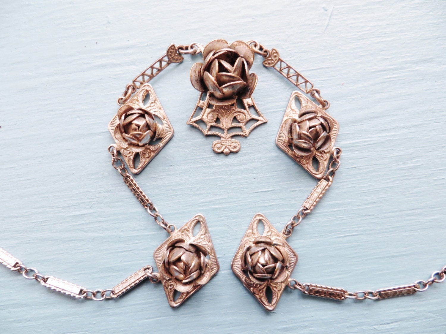 Vintage Art Deco Necklace Silver Filigree Flowers Cabbage Roses Bar Link 1930s Art Deco Jewelry