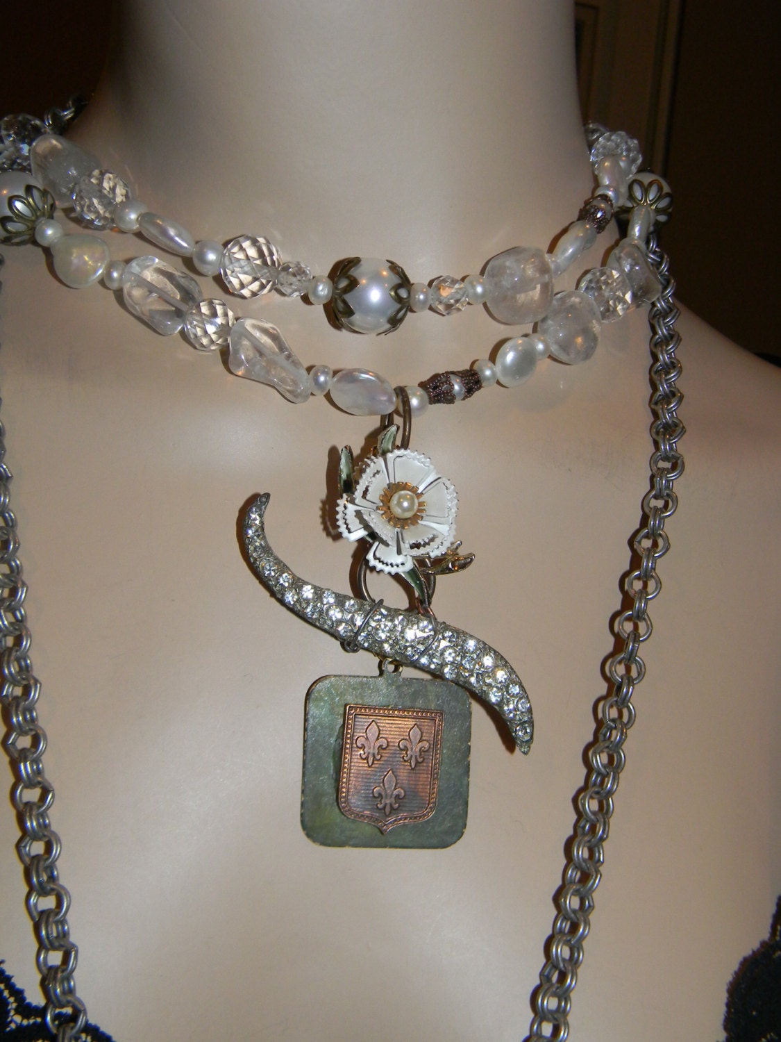 SEA Shell pearls White creamy Coin & Akoya Pearls.Genuine Quartz Gemstones,Baroque Brass Shield Pendant.Game Of Thrones Necklace