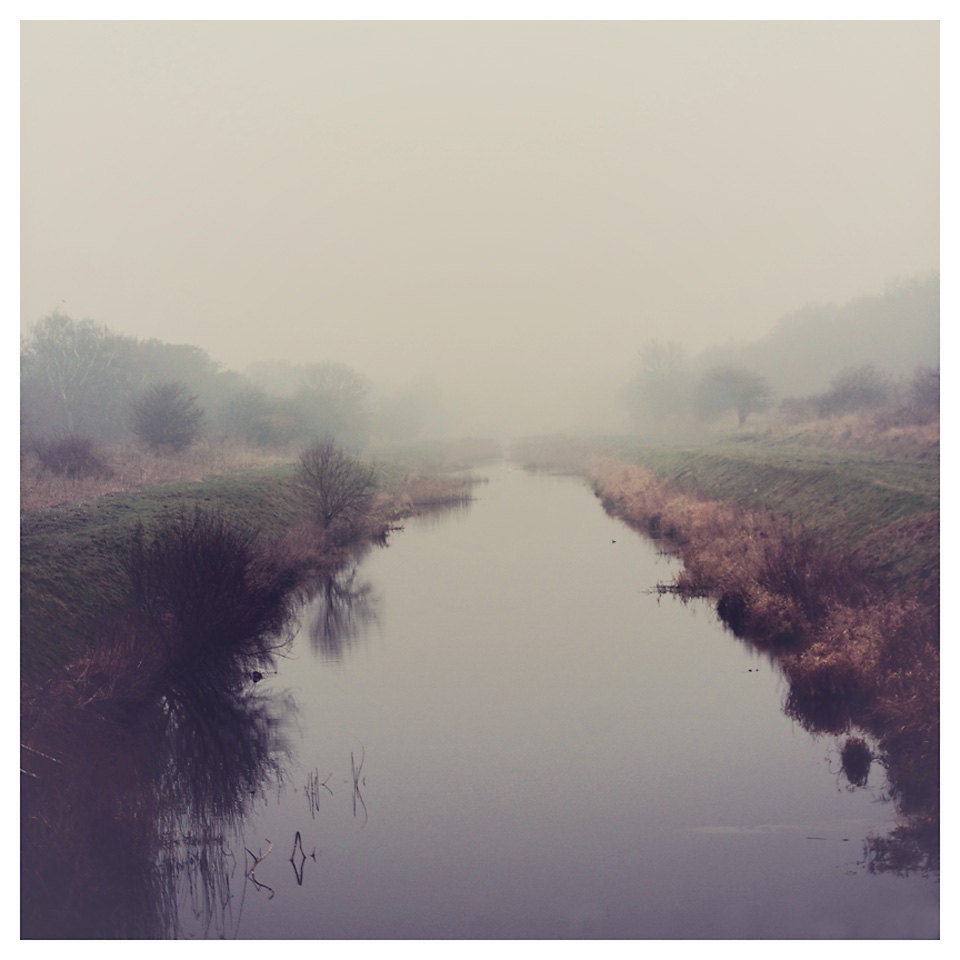 winter fog landscape photo print - whimsical fine art nature photography, morning, purple, green, river, reflection, soft - 12x12
