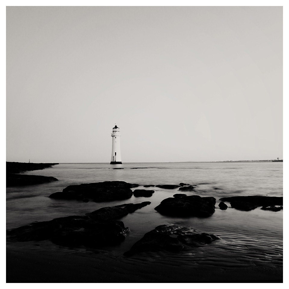 black and white lighthouse ocean photo print - whimsical fine art landscape photography, water, irish sea, winter, solitude - 5x5
