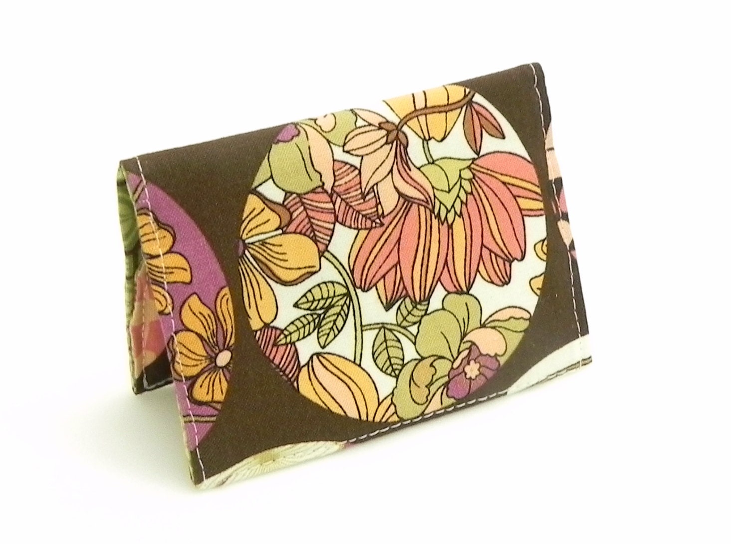 Business Card Holder - Floral in green, brown, orange, pink and purple