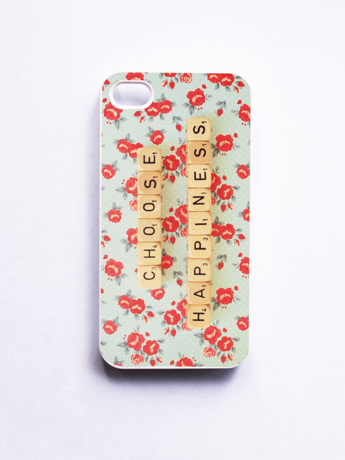 iPhone Case: Choose Happiness. White Case. Scrabble. Word Dice. Floral. Blue Red. MADE-TO-ORDER