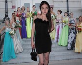 sparkly mini black dress feather trim S