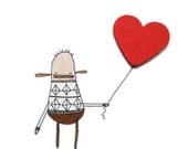 Fathers Day Card, I Love You Dad, Hand-finished Card, Cute Greeting Card, Poosac with Red Love Heart Balloon, Patterned Sweater