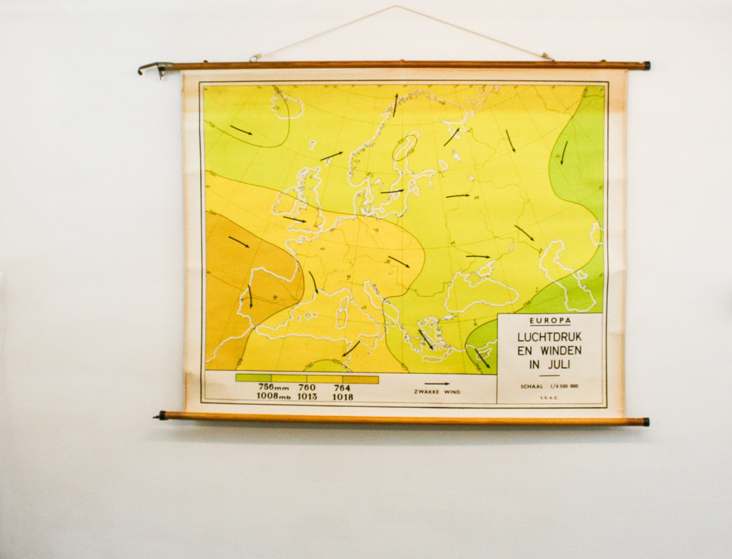 Vintage Pull Down Map, Meteorological Chart Europe, Dutch School Chart