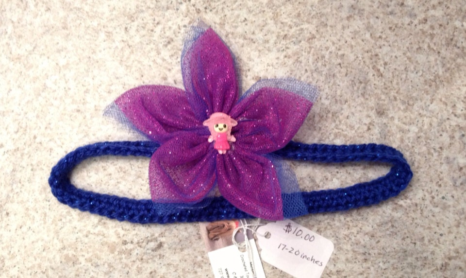 Blue headband with "little girl" flower - 17-20 inches