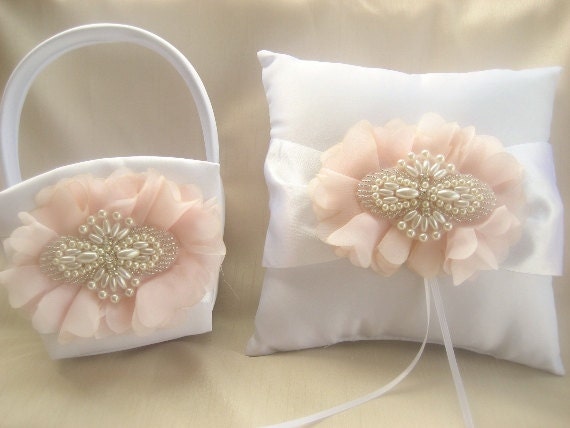 Blush Flower Girl Basket, White Ring Bearer Pillow and Flower Girl Basket Set, Petals and Pearls