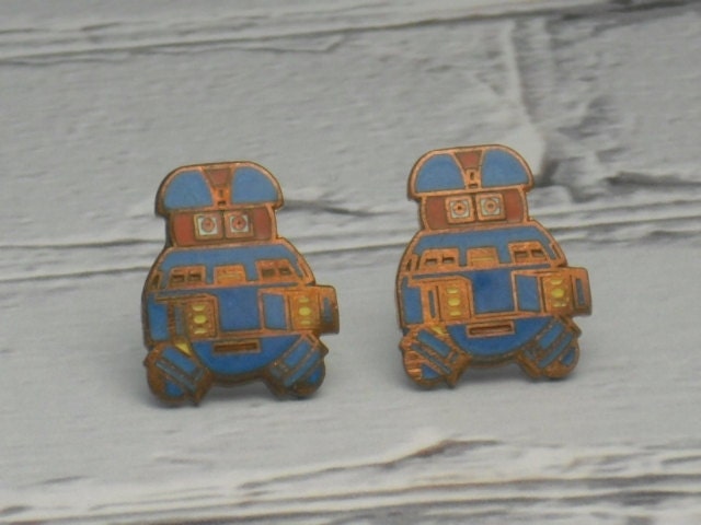 Vintage Blue Enameled Copper Robot Stud Earrings