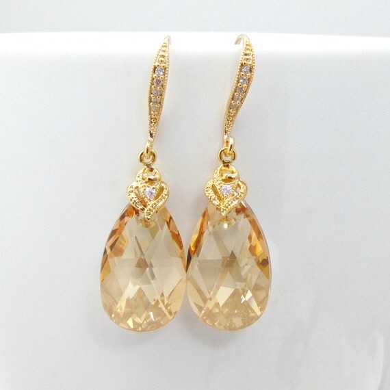 Gold Teardrop Earrings Swarovski Crystal Golden Shadow Teardrop Dangle Earrings Hypoallergenic Yellow Gold Bridesmaid Gift Wedding Jewelry