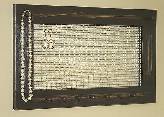 Jewelry Holder Organizer Frame Wall Hanging Vintage Rustic Brown Framed Jewelry Holder Earrings Necklaces Knob