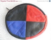 ON SALE Color block change purse/vintage round zipper pouch/black red and blue leather change purse/made in India