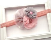 Pink and Grey Shabby Chic Headband -- Handmade Chiffon Flowers with Pink Rhinestone Embellishment