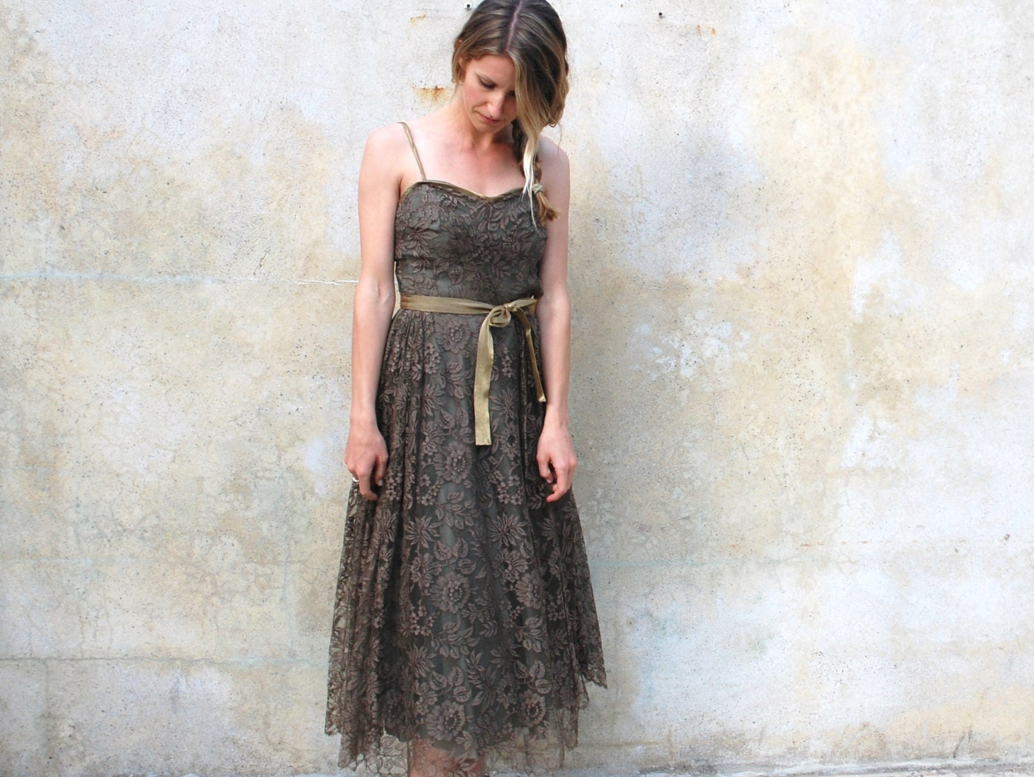1950s French lace coffee cocktail dress- 50s tea length party dress- extra small