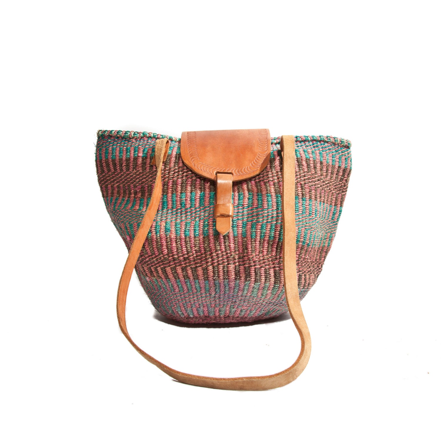 Pink & Turquoise Woven Straw Tote Brown Tooled Leather Shoulder Bag Tote Purse