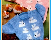 PDF Knitting Pattern for a Baby Boy and Girls Jumper with a Cute Rabbit Motif.