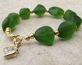 Emerald Sea Glass Bracelet:  Bottle Green and Gold Beaded Valentines Day Jewelry with Heart Charm