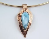Larimar- Azure Blue-Golden Bronze Freeform- Metal Art Pendant/Necklace