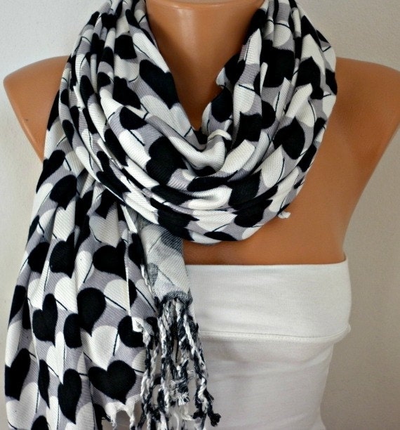 Heart Scarf  Pashmina Scarf  Cotton Scarf Shawl  Scarf  Cowl  Scarf  - Gray - White - Black fatwoman