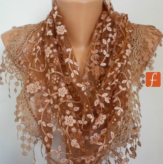 Women Shawl Scarf - Cowl Scarf Lace Scarf - Brown - fatwoman