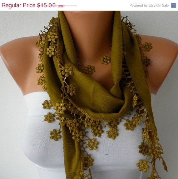 BIG SALE Olive Green Scarf -  Pashmina Scarf  -  Cowl with Lace Edge