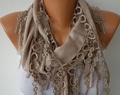 BIG SALE Beige Scarf  -  Pashmina Scarf  - Cowl Scarf - Shawl with Lace Edge - Dark Beige