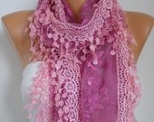 BIG SALE Hot Pink  Lace Scarf - Shawl Scarf Cowl Scarf Lace Edge Gift Bridesmaid Gift fatwoman