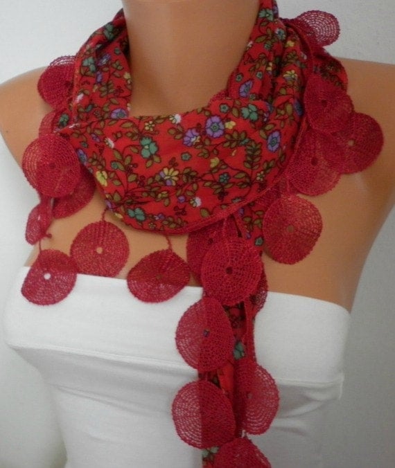 Red Scarf - Multicolor - Shawl - Cowl Scarf with Lace Edge - fatwoman